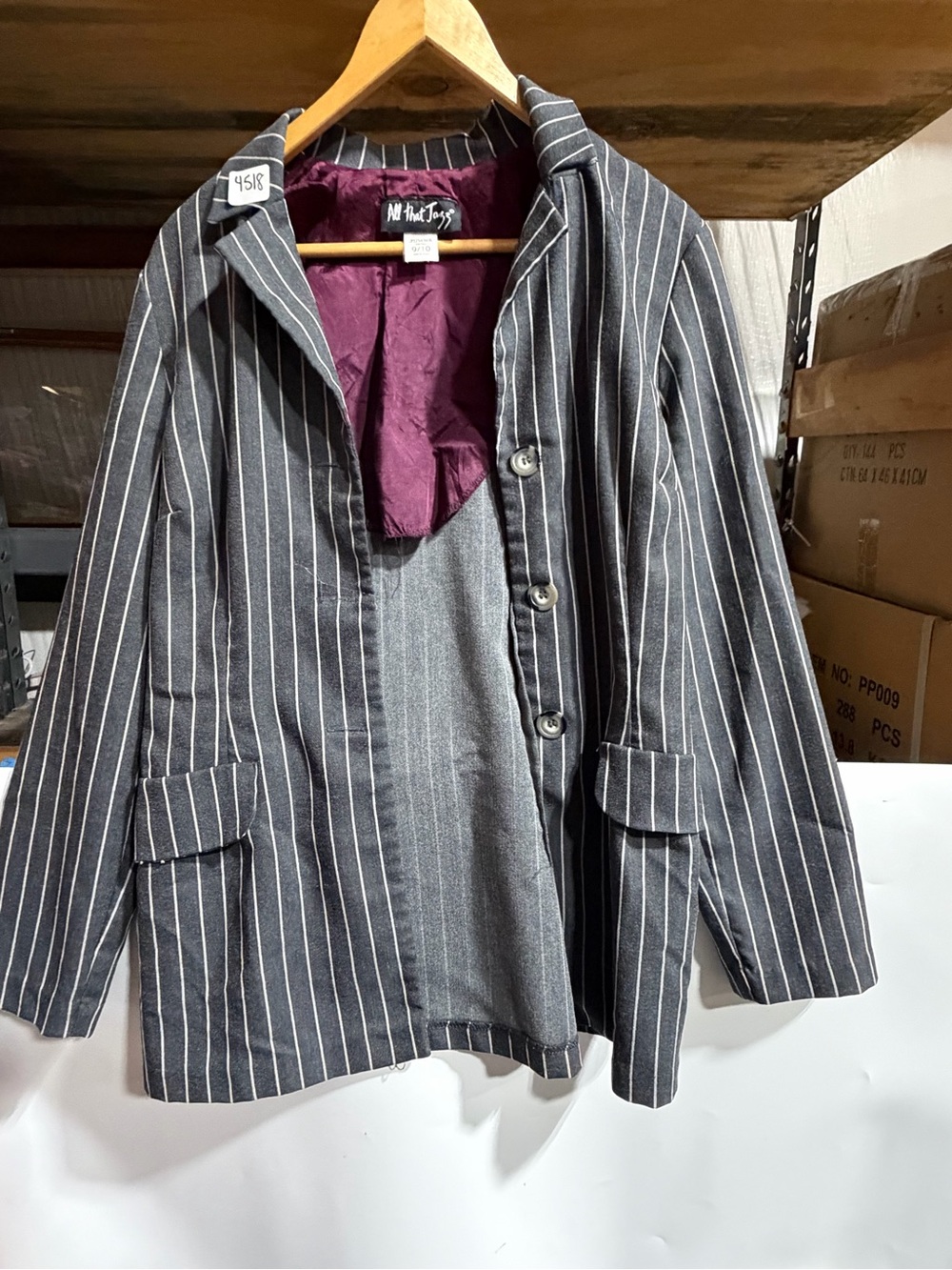 #4518-All That Jazz Women's Black Pinstripe Blazer with Burgundy Lining
